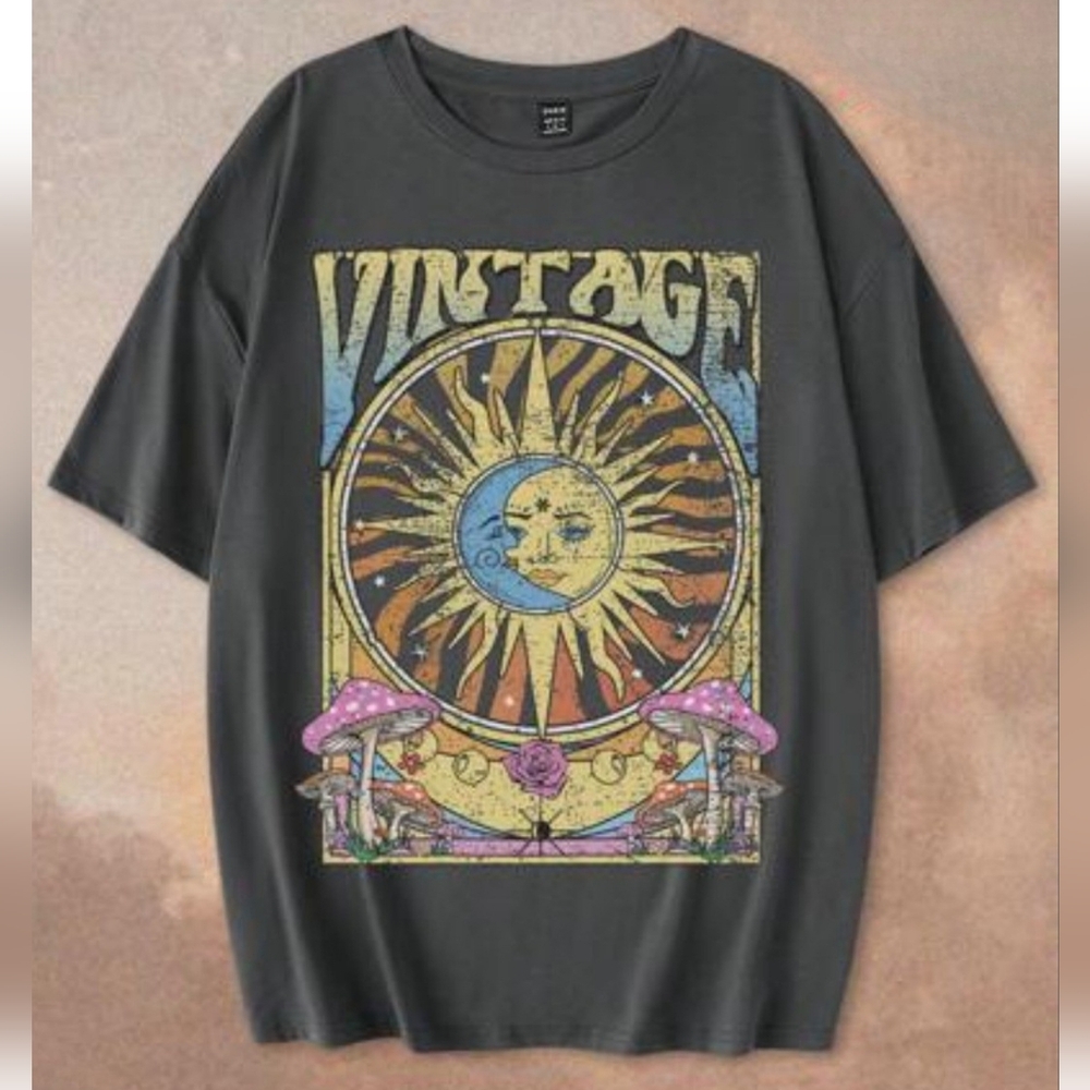 SHEIN Trippy Mushroom Sun Moon Size S Oversized Tee Co-2275